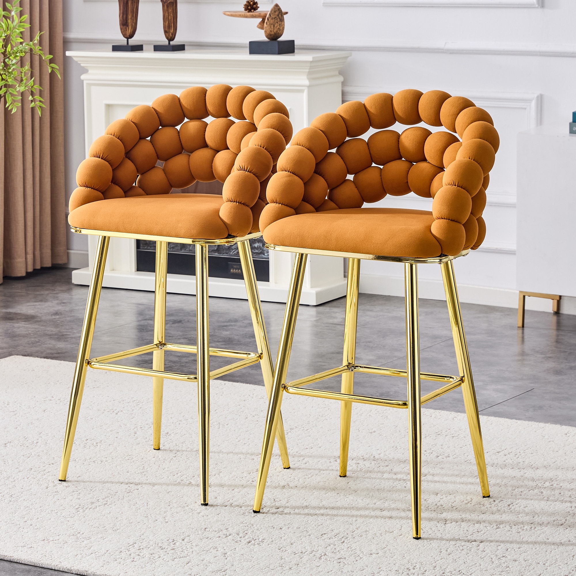 Set of 2 Orange Puffy Bubble Chair Velvet Bar Stools with Gold Legs, Tufted Accent Bar Chairs