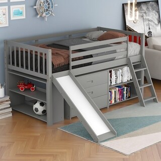 Pine Wood Bed with Convertible Ladder and Slide, Twin Size Low Loft Bed ...