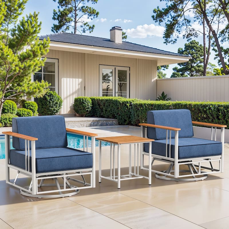 Pocassy Outdoor 3PCS Swivel Chairs Table with 6 Inch Blue Cushion - White & BLue Cushion
