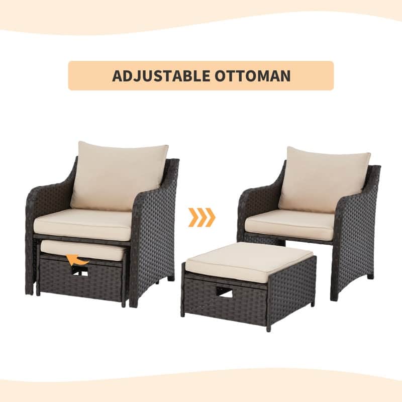 EROMMY 5-Piece Wicker Patio Furniture Set with Cushions - Rattan Chairs, Ottoman & Side Table for Balcony, Outdoor Lounge Set