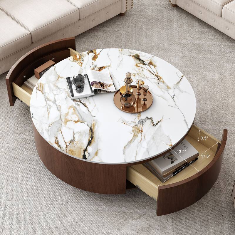 Modern Round Coffee Table with Imitation Marble Tabletop 2 Drawers and 4 Stainless Steel Legs, for Living Room