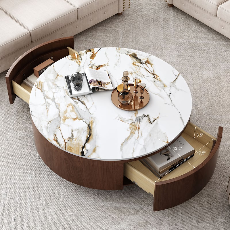 Round Coffee Table Wood Center Table with Faux Marble Tabletop, Hidden Storage Drawers and Brushed Stainless Steel Legs