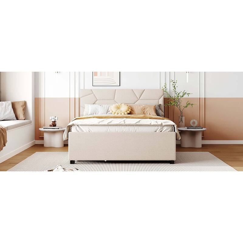 Platform Bed with Brick Pattern Headboard, Trundle & 2 Drawers