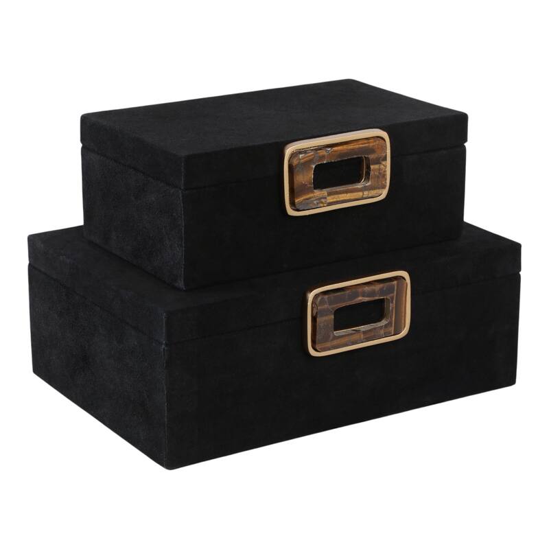 Modern Suede Box with Metallic Detail and Lid - Set of 2, 14", Black - 14.0"