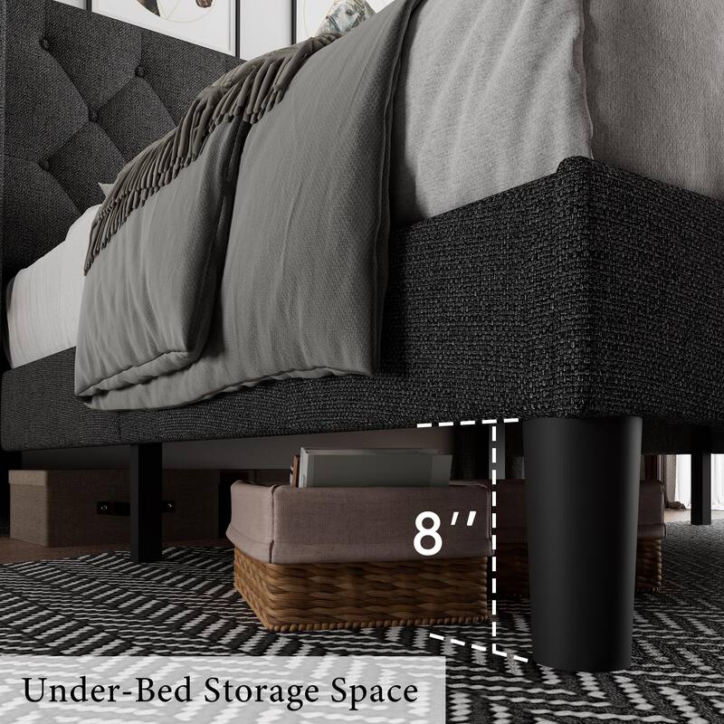 Full Bed Frame with Upholstered Wingback, Platform Bed Frame with Diamond Button Tufted Headboard, Under-Bed Space, Wooden Slats