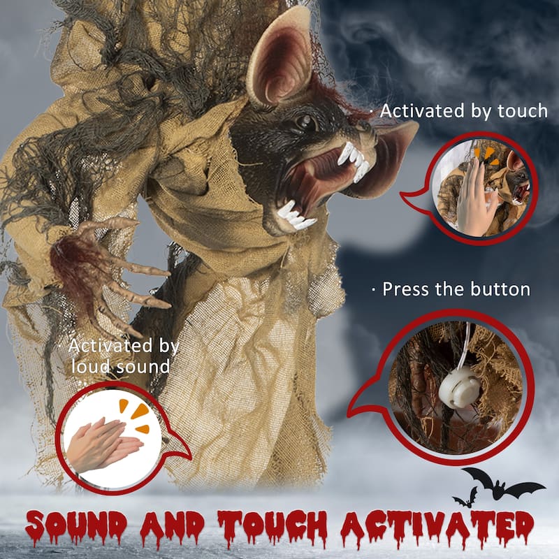 Outsunny 36" Life Size Outdoor Halloween Decorations Hanging Bat Opening Month, Animated Prop