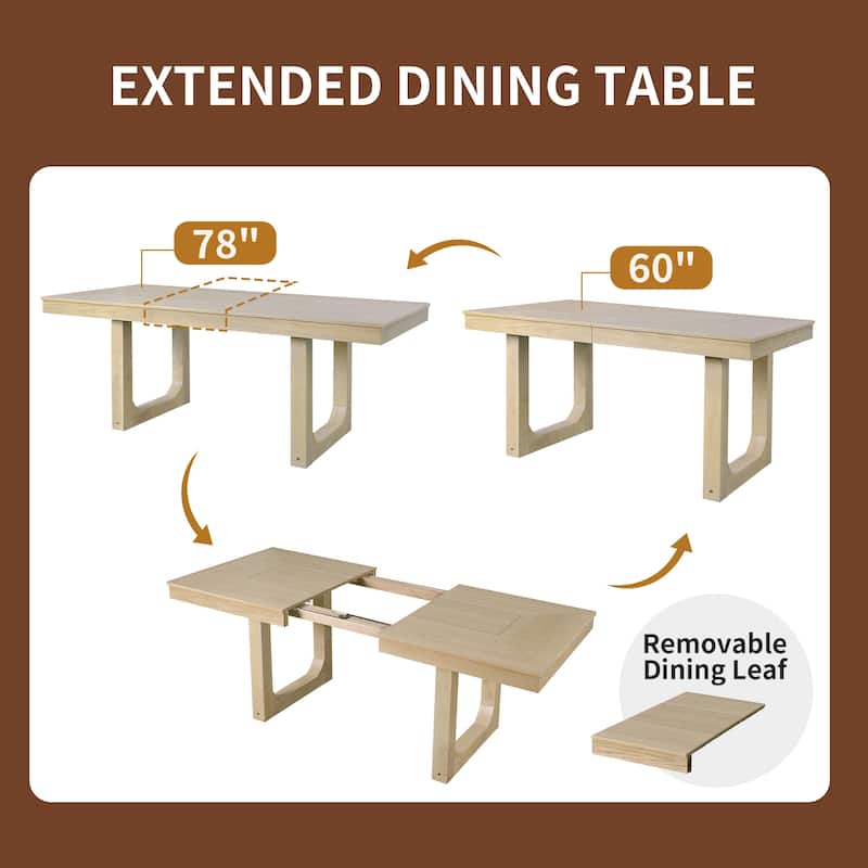 7 Piece, Farmhouse Extendable Dining Table Set with Extendable Table, Move Leaf and 6 Chairs, for Dining Room and Kitchen