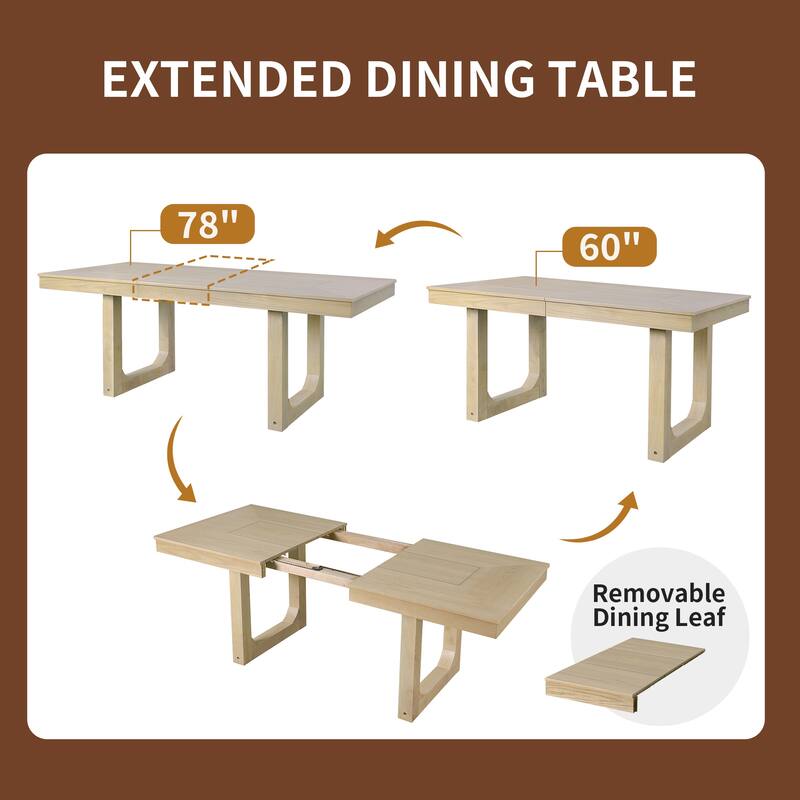 Extendable Farmhouse Dining Set for 6, 78" Rustic Wood Table with 18" Leaf and 6 Upholstered Chairs for Dining Room