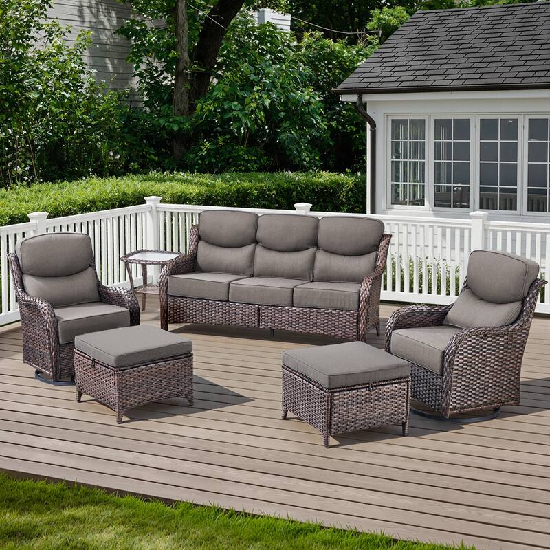 Meyreso 6-Piece Wicker Patio Conversation Set with Swivel Gliders and 6-Inch Thick Olefin Cushions