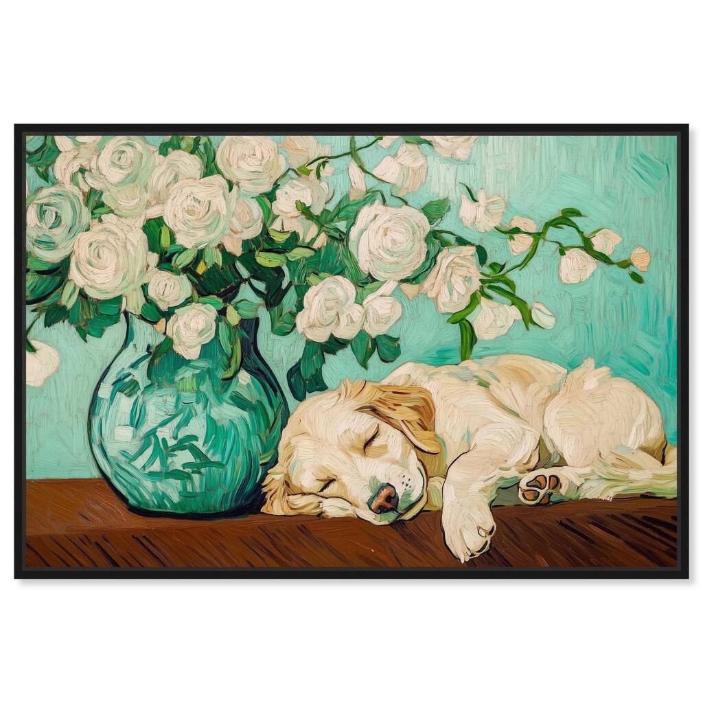 Rose Vase Puppy Canvas by Art Remedy