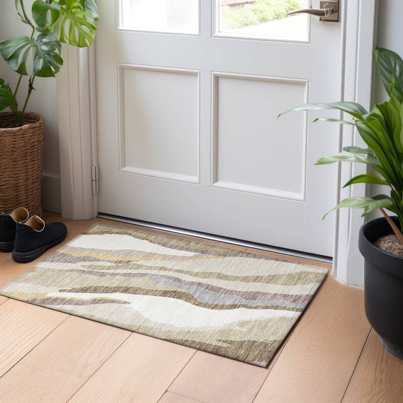 Machine Washable Indoor/ Outdoor Abstract Contemporary Chantille Rug - Beige - 1'8" x 2'6"