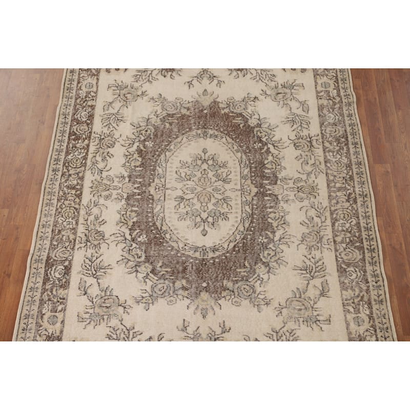 Distressed Ivory Sparta Turkish Vintage Area Rug Handmade Wool Carpet - 5'9"x 9'2"