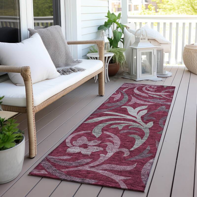 Machine Washable Indoor/ Outdoor Chantille Floral Scroll Rug - Garnet - 2'3" x 7'6"