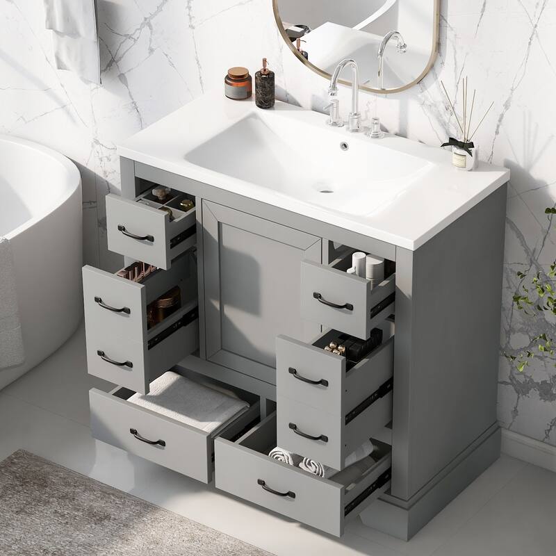 36 Inch MDF Freestanding Bathroom Vanity Set with Integrated Ceramic Sink