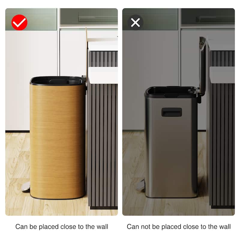 13 Gallon 50L Kitchen Foot Pedal Operated Soft Close Trash Can - Stainless Steel Ellipse Bustbin - Wood