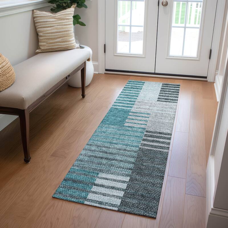 Machine Washable Indoor/ Outdoor Chantille Contemporary Stripes Rug - Teal - 2'3" x 7'6"