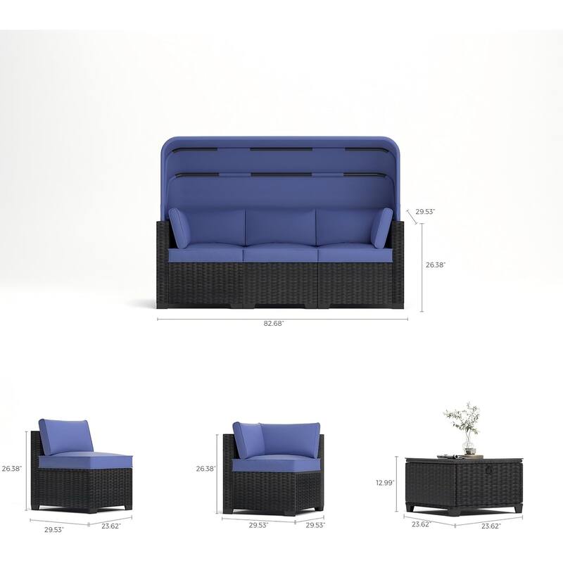 6-Piece PE Rattan Patio Sectional Set, Weather-Resistant Furniture, Retractable Canopy, Adjustable Backrest, Outdoor