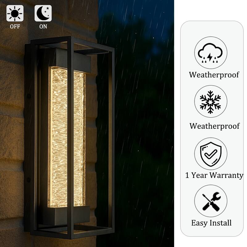 H15" Modern Outdoor Integrated LED Wall Light with Dusk to Dawn Sensor Matte Black Light Fixture with Handcrafted Textured Glass