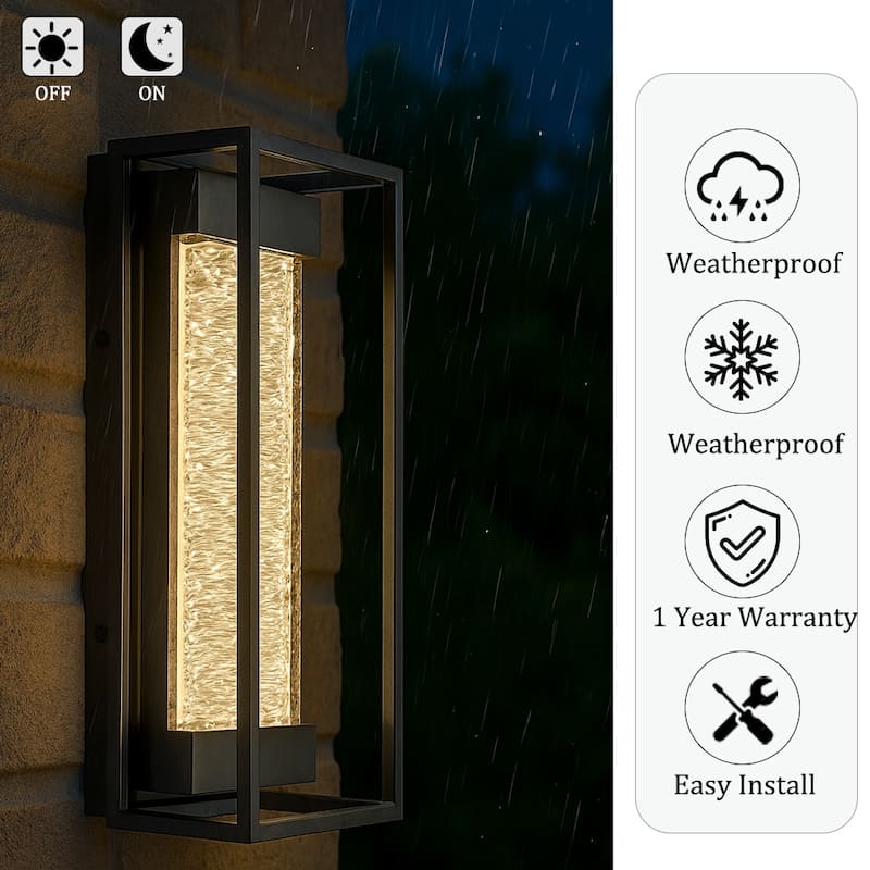 Modern Dusk to Dawn Sensor Matte Black Integrated LED Light Fixture with Handcrafted Textured Glass for Porch Garage (2 Pack)