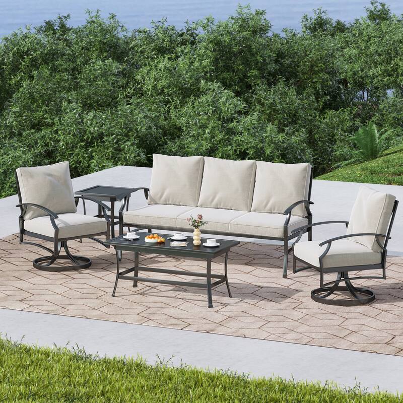 DREAMSIDEA Outdoor Furniture Conversation Patio Set - Swivel Chair - Beige Sofa Set/5 Piece