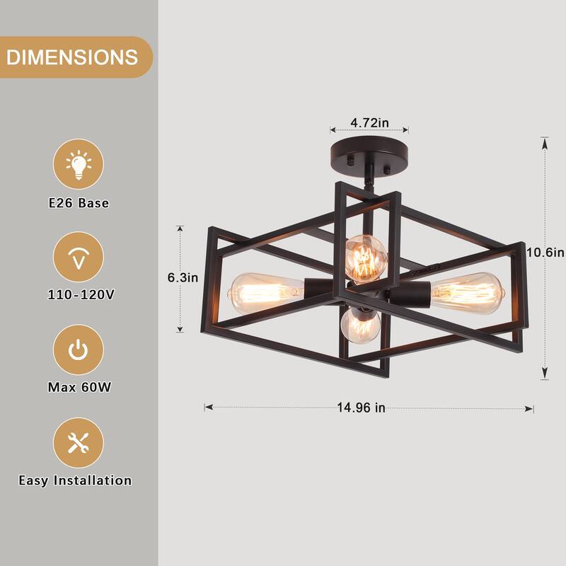 4 - Industrial Semi Flush Mount Ceiling Light Fixture - 15in - N/A