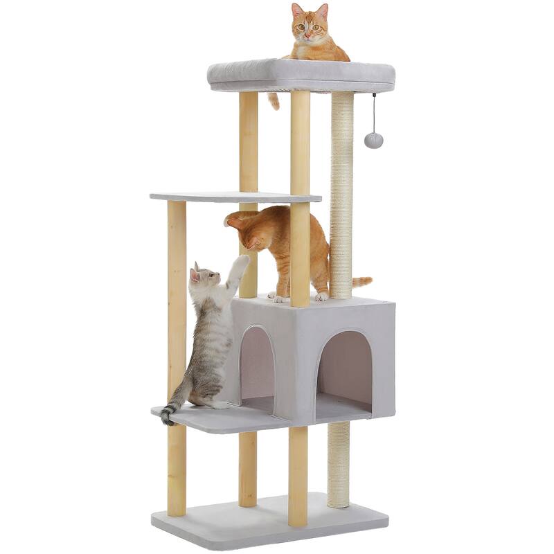 53" Modern Wooden Cat Tower for Indoor Large Cats, Multi-Level Cat Condos with Long Scratching Posts and Scraping Columns
