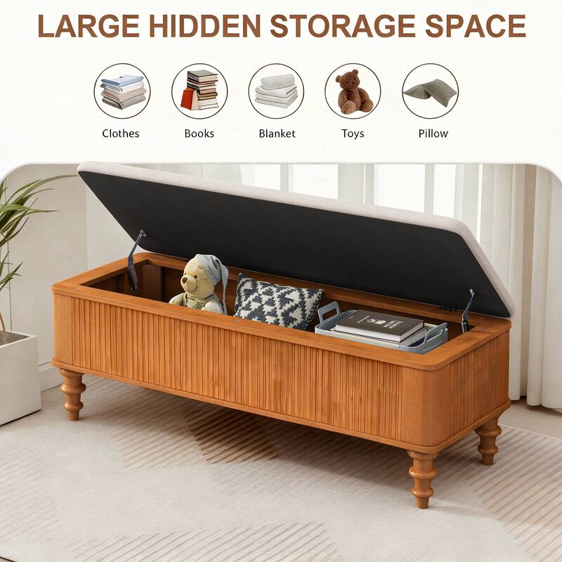 50.8-inch Multi-Functional Storage Ottoman Bench-Solid Rubberwood Bed End Bench with Linen Seat, Storage Bench for Bedroom