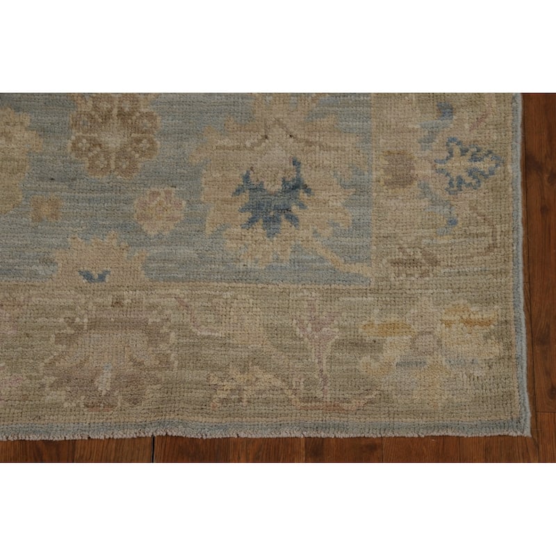 Vegetable Dye Blue Oushak Turkish Runner Rug Hand-Knotted Wool Carpet - 3'1" x 11'8"