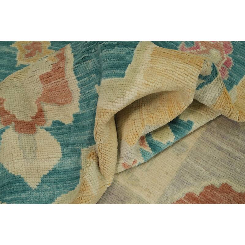 Vegetable Dye Wool Oushak Turkish Area Rug, Floral Geometric Carpet - 12' 10'' X 6' 11''