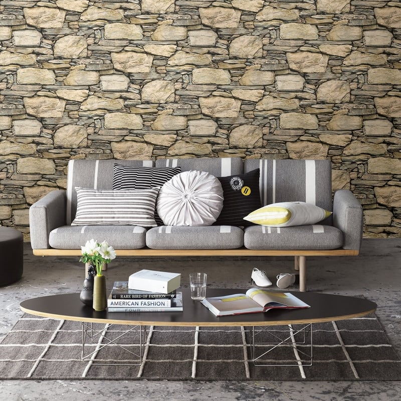 Brewster Cobble Neutral Stone Wall Wallpaper - 20.5in x 396in x 0.025in