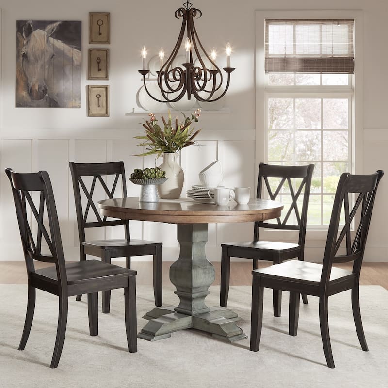 Eleanor Sage Green Round Solid Wood Top Double X Back 5-piece Dining Set by iNSPIRE Q Classic - Antique Sage Green Table - Antique Black Chairs