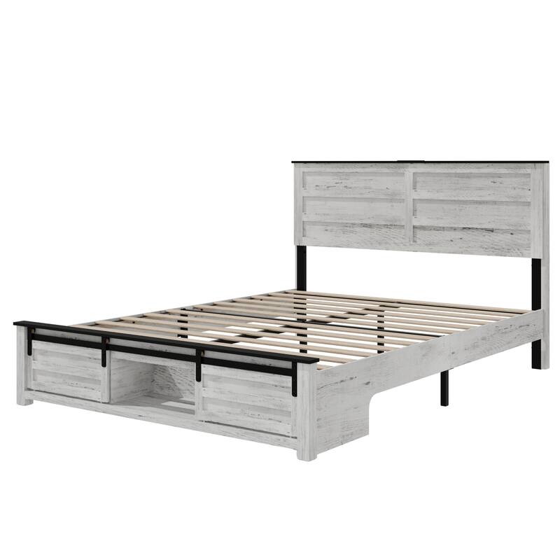 Queen Bed Frame with Upholstered Headboard and Wood Platform, Storage Headboard with Charging Station and LED