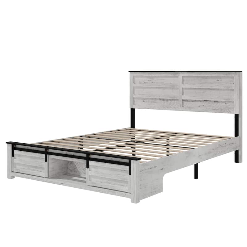 Storage Platform Bed Frame with Touch Light Charging Station Headboard and Endbed Storage Space, Velcro Design Wood Slat Support
