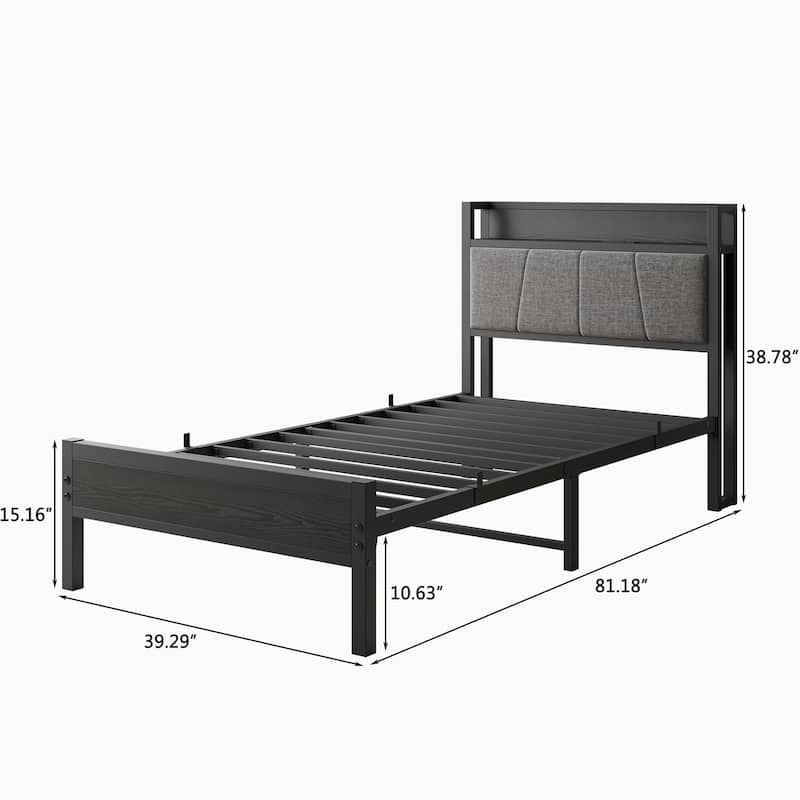 Twin Bed Frame with Storage Headboard, Charging Station, and Easy Assembly
