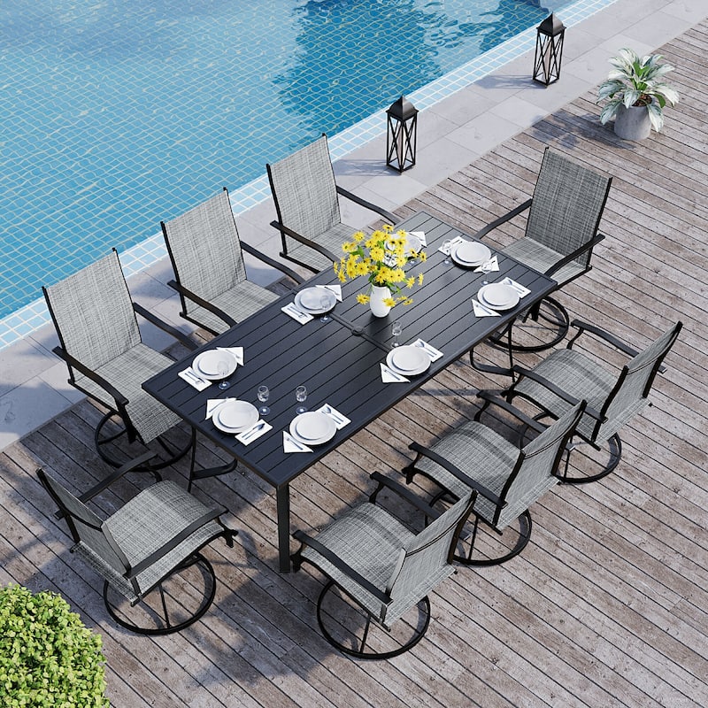 Patio Dining Set, Outdoor Dining Table and Chairs Set with Textilene Chairs, Adjustable Umbrella Hole for Garden, Backyard - 9 Piece - Grey-Swivel