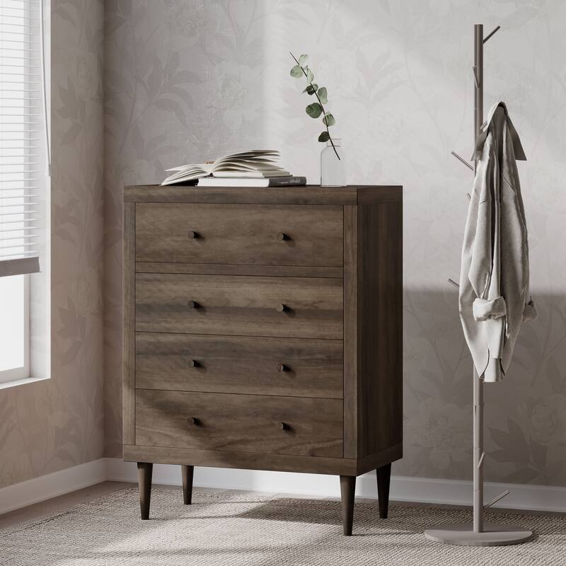4-Drawer Vertical Chest with Metal Handle, Metal Frame and Wood Top for Bedroom - Walnut