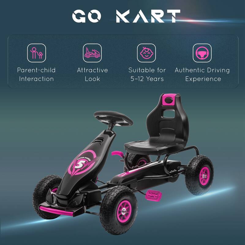 Kids Pedal Go-Kart with Ergonomic Seat and Suspension, Ages 5-12, Rubber Wheels, Safety Handbrake