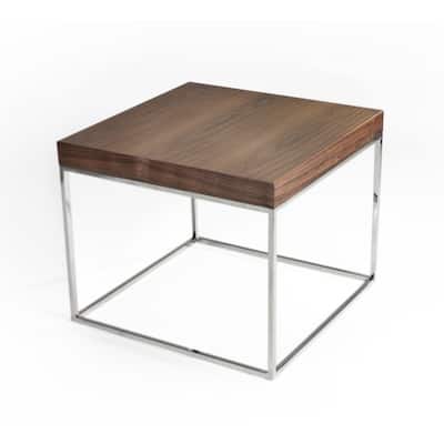 24 in. Brown and Chrome Square Wood End Table, Sturdy Build End Side Table for Living Rooms