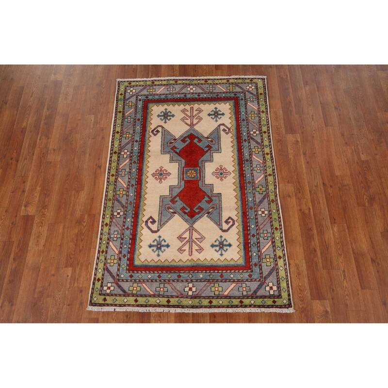 Ivory Geometric Kazak Oriental Foyer Rug Handmade Wool Carpet - 3'3" x 4'11"