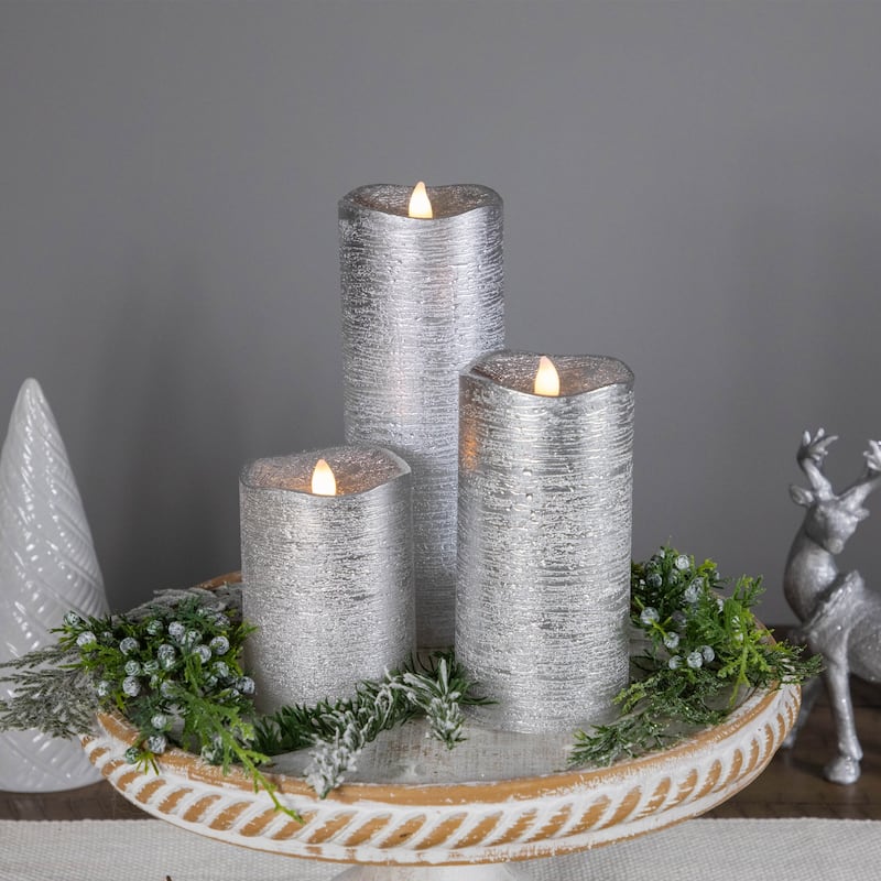 Set of 3 Silver LED Flickering Christmas Flameless Pillar Candles 8"