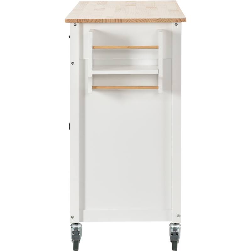 Rolling Kitchen Island Cart with Side Spice Rack and Towel Rack, Solid Wood Top Storage Cabinet w/4 Door Cabinet and Two Drawers