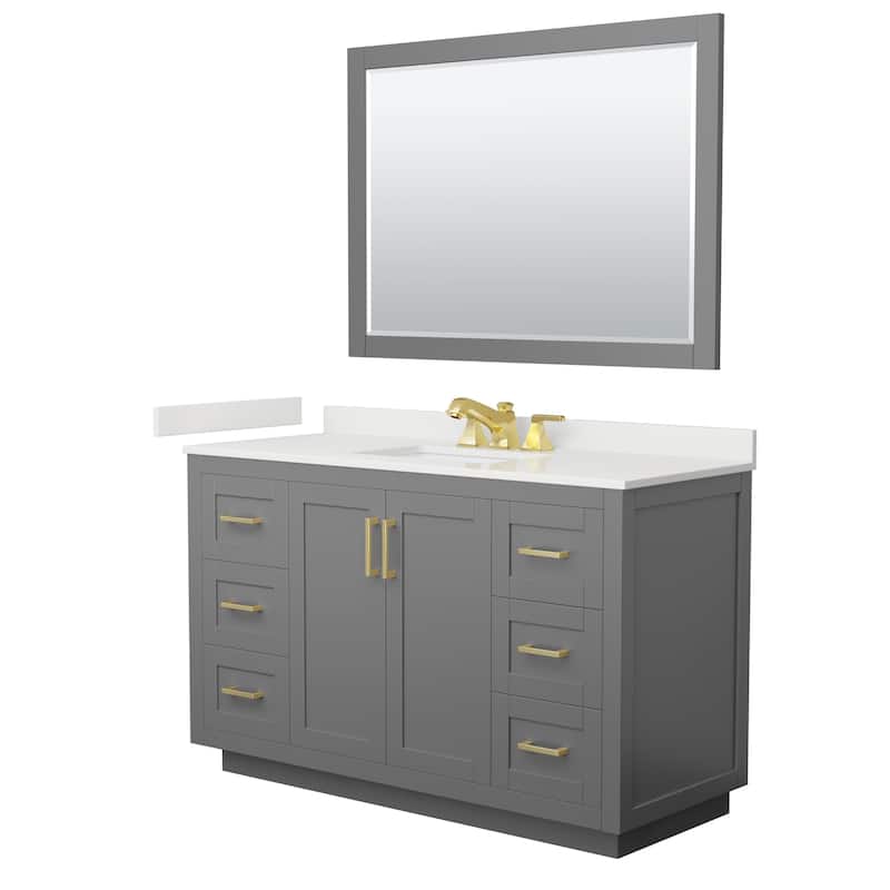 Miranda 54-inch Single Vanity, Quartz Top, 46-inch Mirror - Dark Gray, Gold Trim, White Quartz Top