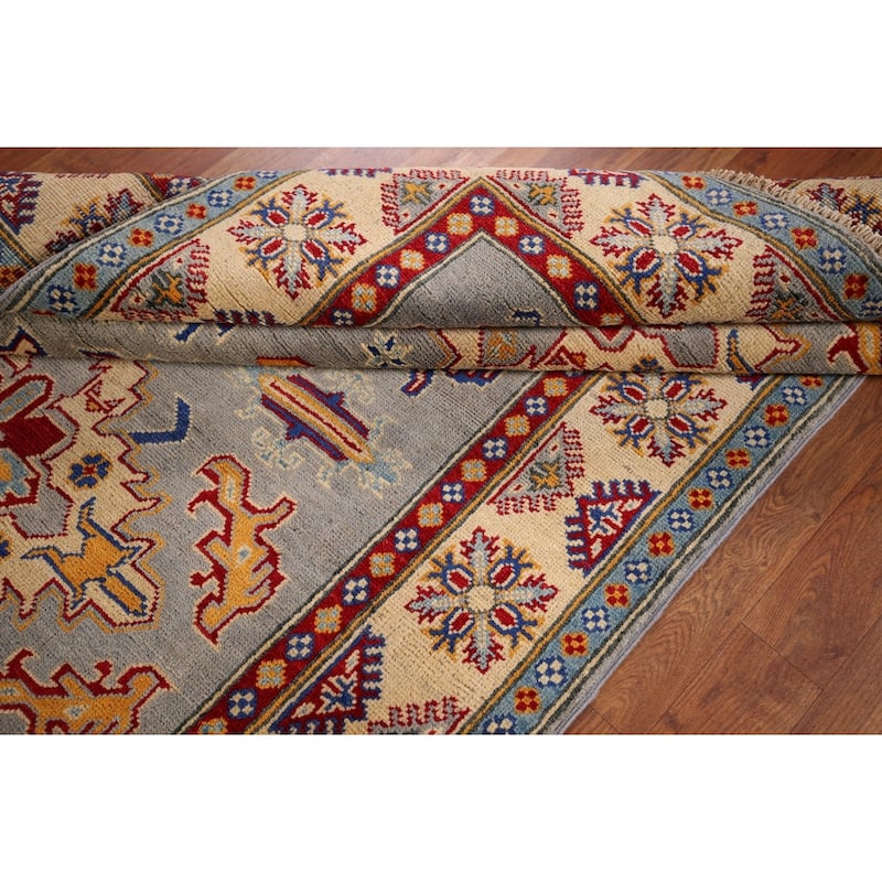 Geometric Kazak Area Rug Hand-Knotted Bedroom Wool Carpet - 4'1" x 6'0"