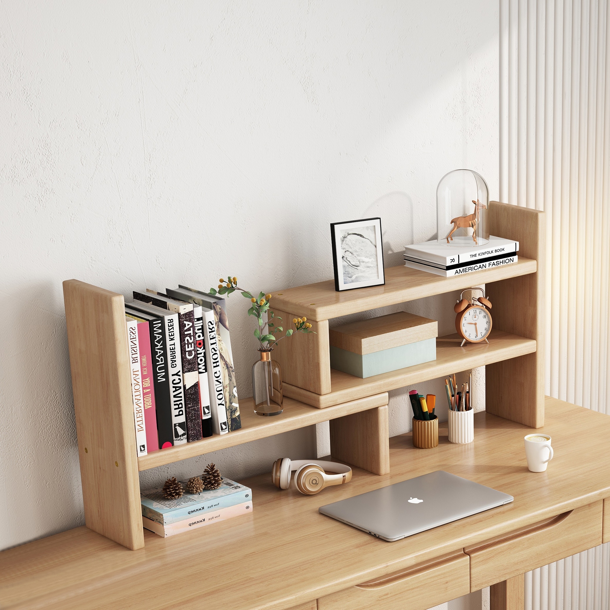 Desktop Shelf Desk Hutch Desktop Shelves Cubicle Shelf Adjustable Rubber Wood Small Bookshelf Office Supplies Desk Organizer Tan