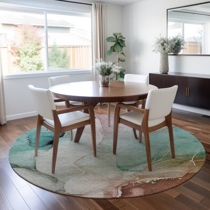 Machine Washable Indoor/ Outdoor Abstract Chantille Rug - Teal - 8' x 8'
