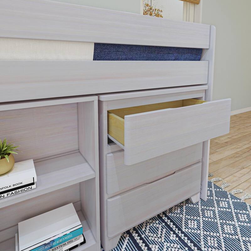 Max and Lily Farmhouse Twin Low Loft with Dresser and Bookcase