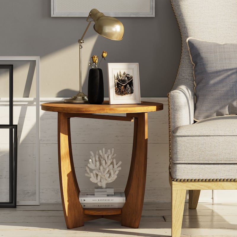 COZAYH Rustic Farmhouse End Table with Storage Shelf, French Country Accent Side Table, Round