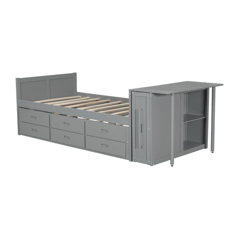 Twin Size Wood Platform Bed with Desk, Storage Shelf, Trundle, and 3 Drawers, Gray