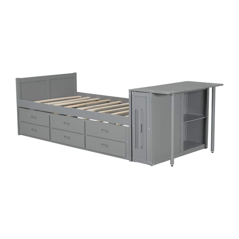 Wood Platform Bed Frame, Built-in Desk Footboard with Pull-Out Side Storage Shelf, Panel Bed Under Trundle Bed 3 Drawers