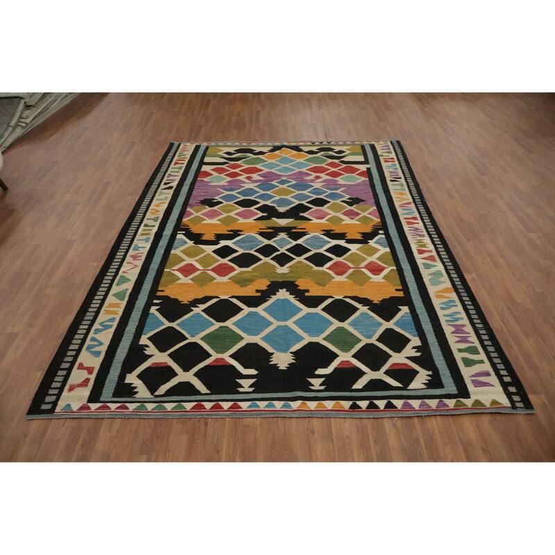 Hand Woven Oriental 100% Wool Carpet Southwestern Tribal Multi-Colored Kilim Area Rug - 11' 8'' X 8' 0''